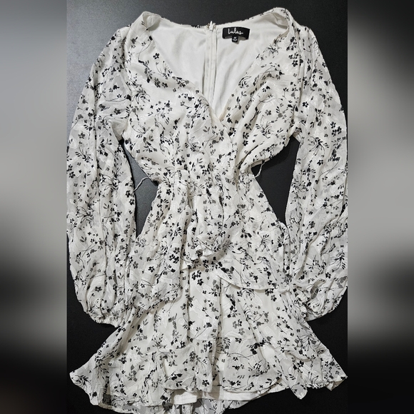 Lulu's White Floral Wrap Mini Dress with Long Bishop Sleeves - Picture 3 of 9